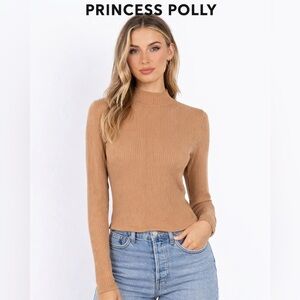Princess Polly Mocha Ribbed Mock Neck Long Sleeve Fitted Top medium 8